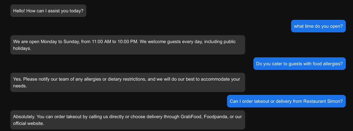 Restaurant chatbot example